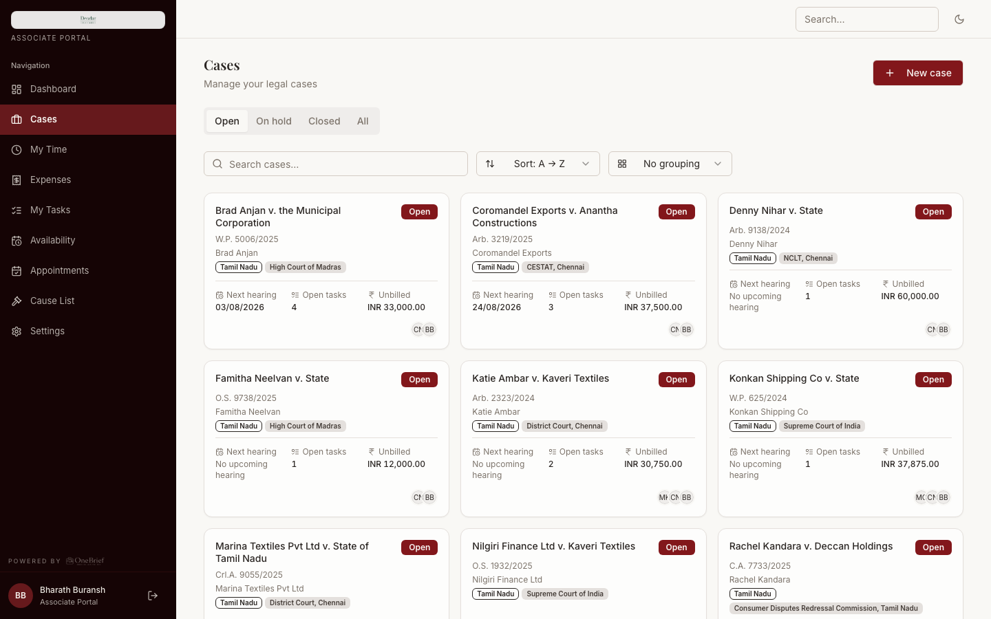 An associate's case list with hearings and unbilled amounts