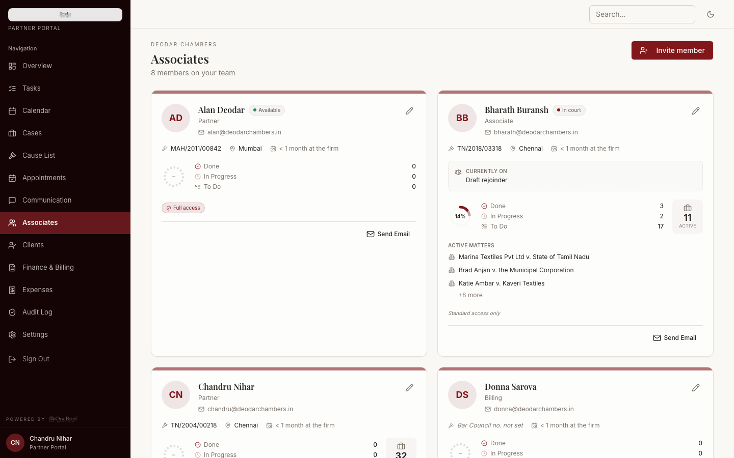 OneBrief associate cards with Bar Council numbers, locations and live status