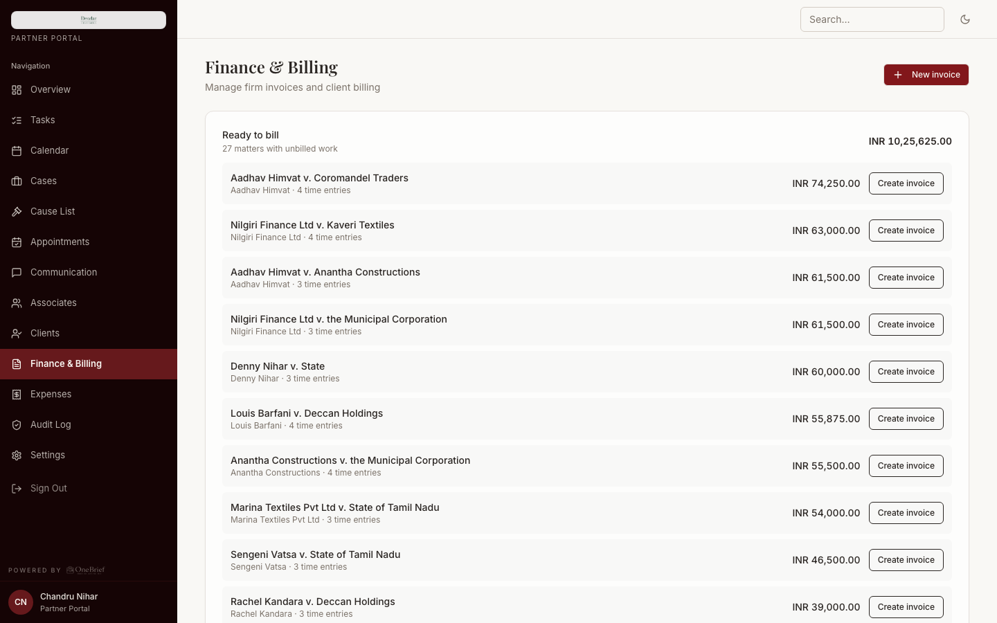 OneBrief finance and billing view with matters ready to bill