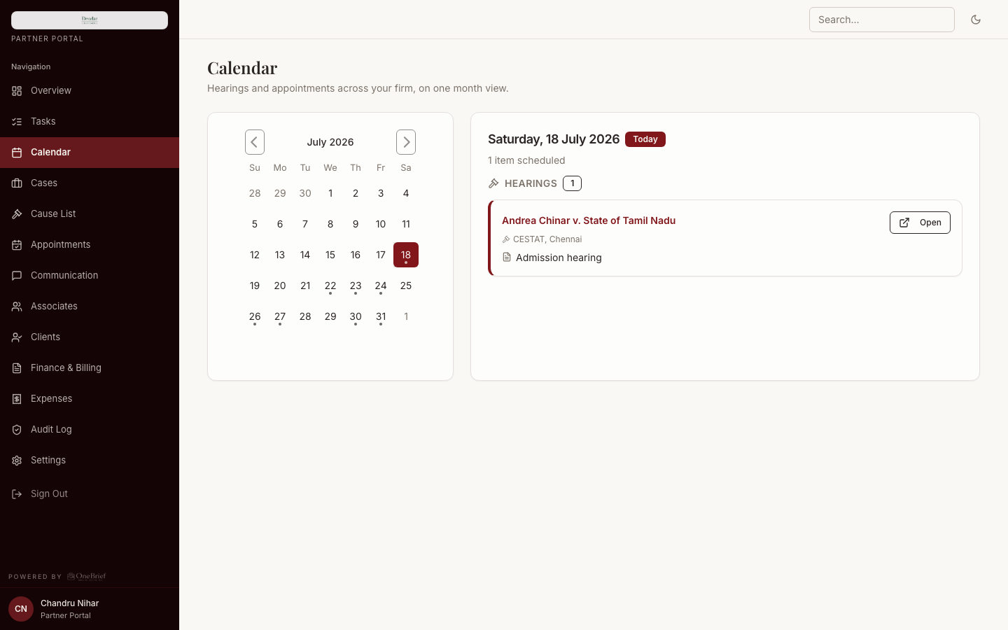 OneBrief unified calendar of hearings, meetings and deadlines
