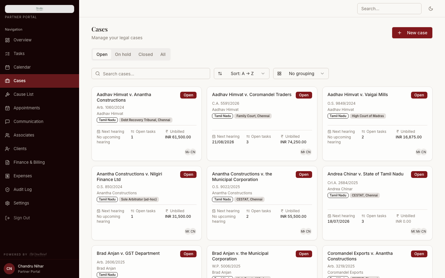 OneBrief case list showing hearings, unbilled work and court tags