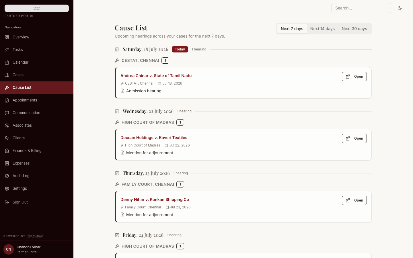 Court cause-list links: upcoming hearings grouped by court and date
