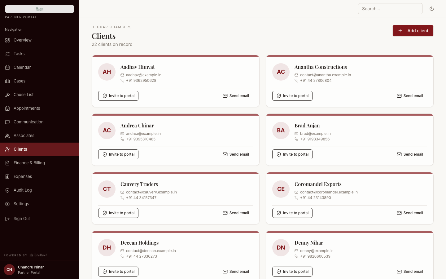 OneBrief client directory with contacts and case history