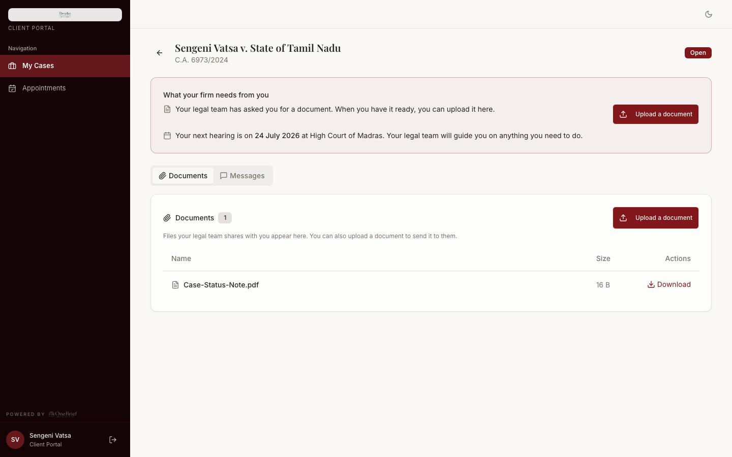 Client portal documents tab with a shared case document