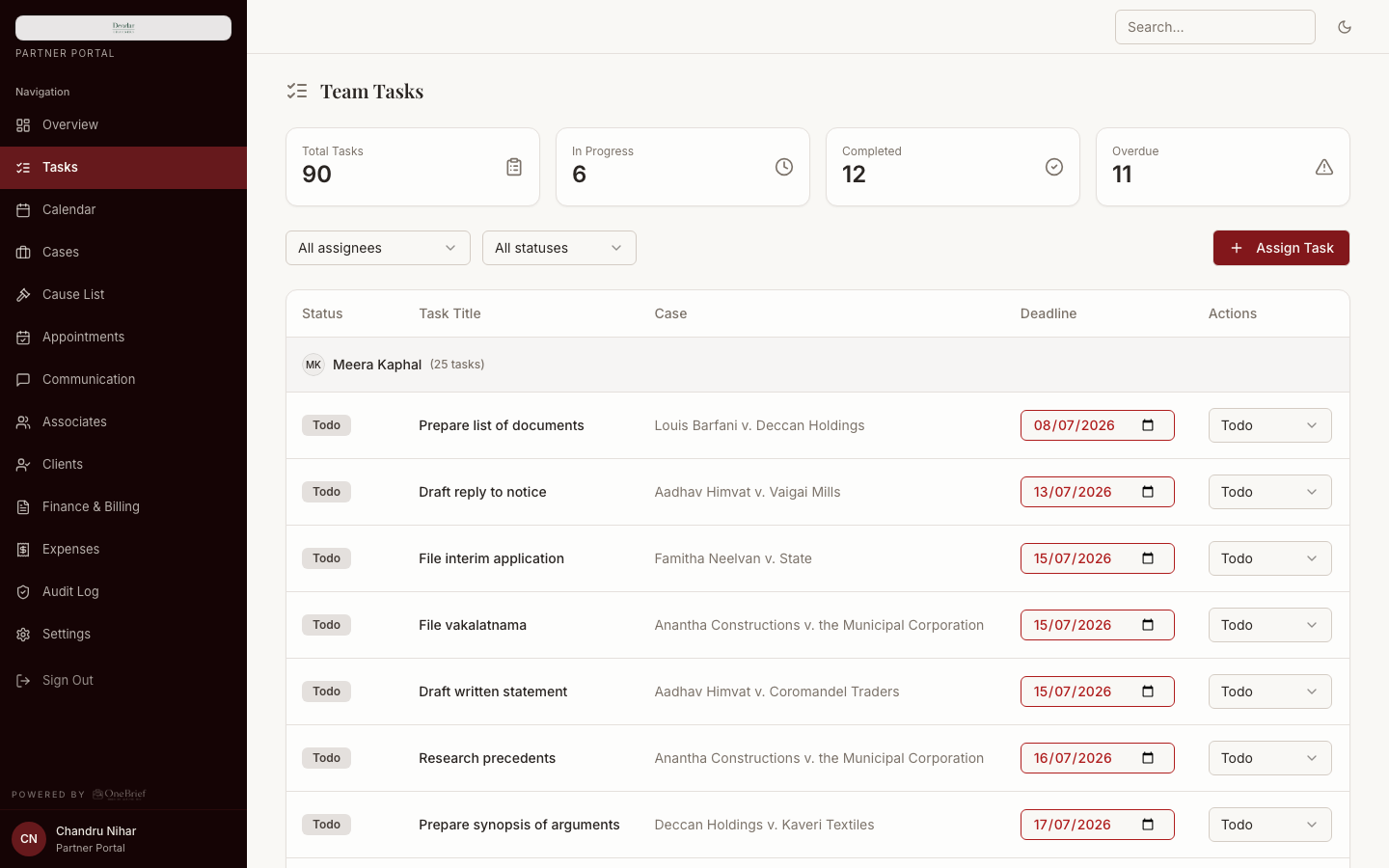 OneBrief team task board grouped by associate with deadlines